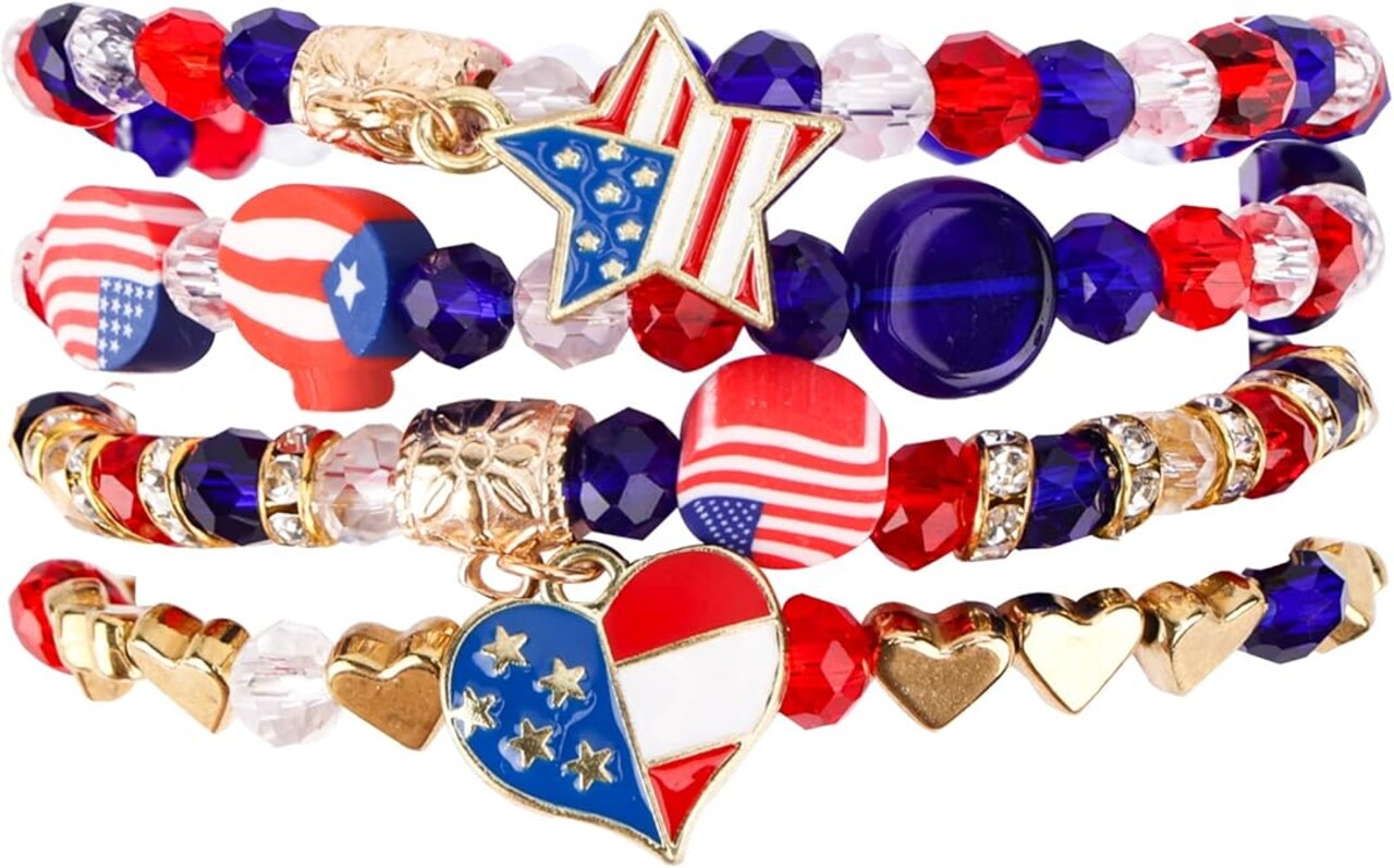 4-Pack American Flag Bracelets – Red, White & Blue Patriotic Beaded Elastic Jewelry for Men & Women, 4th of July Accessories & Gift